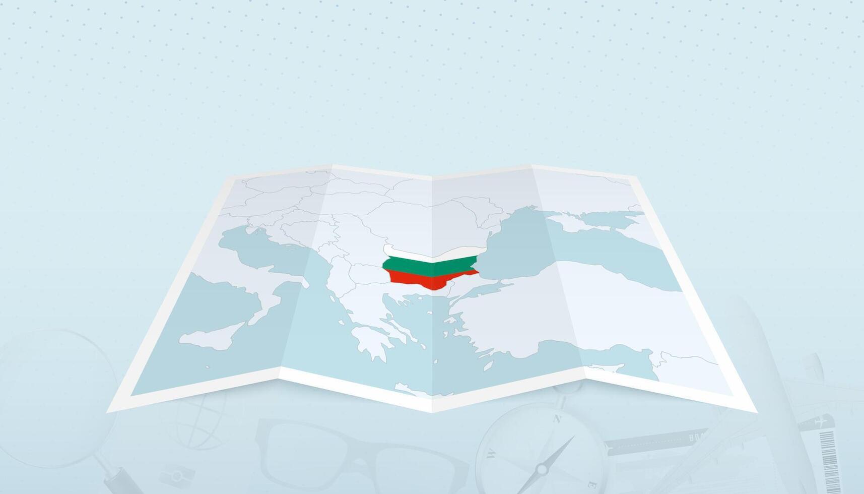 Map of Bulgaria with the flag of Bulgaria in the contour of the map on a trip abstract backdrop. vector