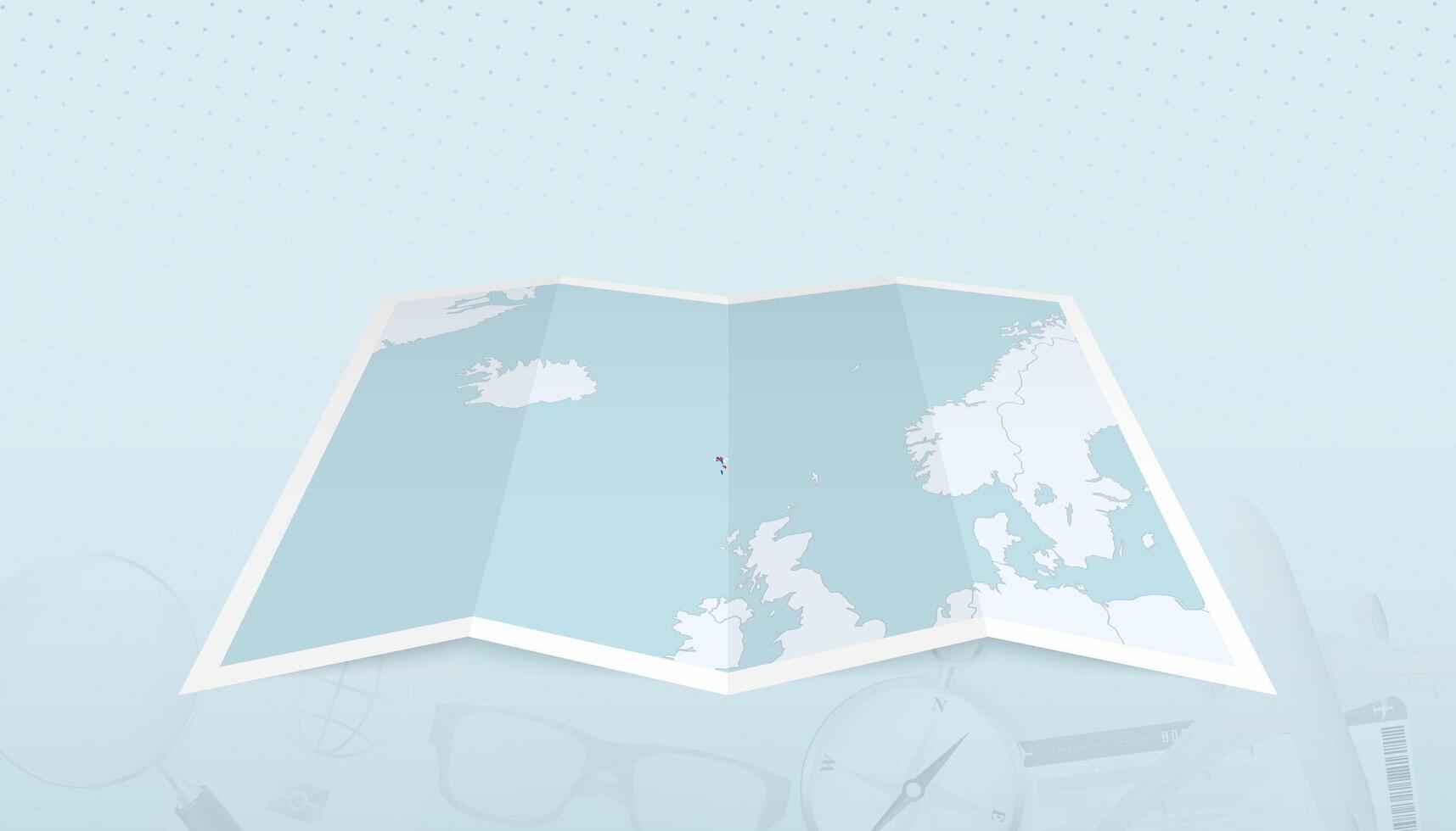 Map of Faroe Islands with the flag of Faroe Islands in the contour of the map on a trip abstract backdrop. vector
