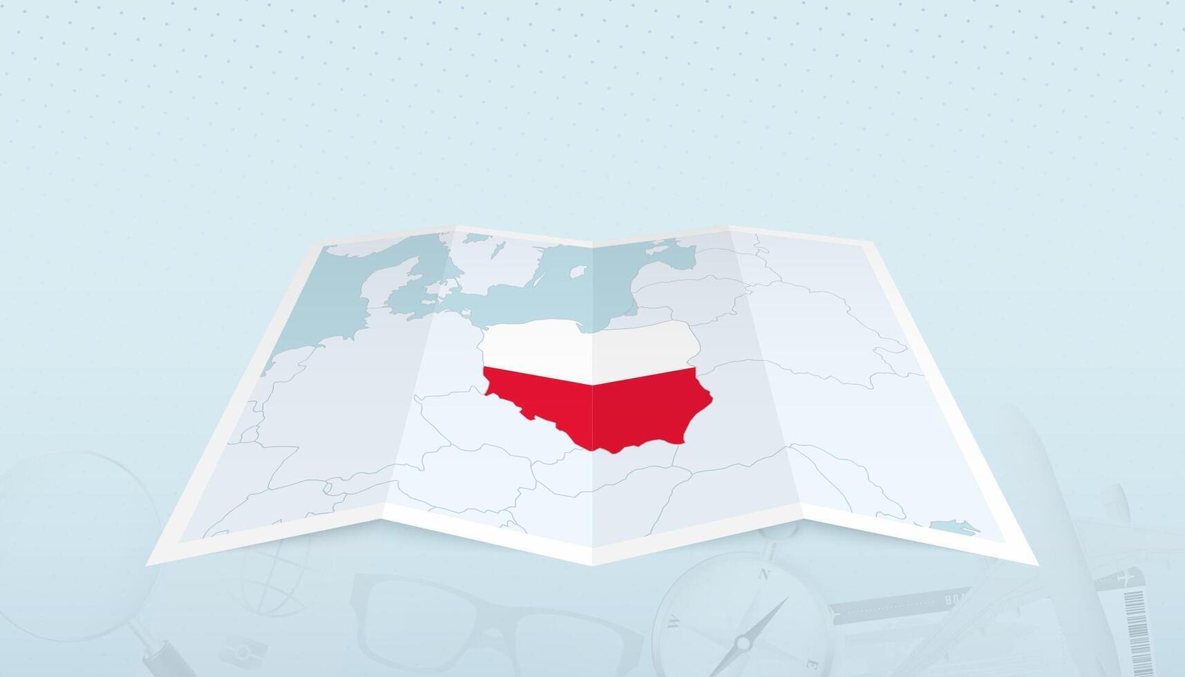 Map of Poland with the flag of Poland in the contour of the map on a trip abstract backdrop. vector