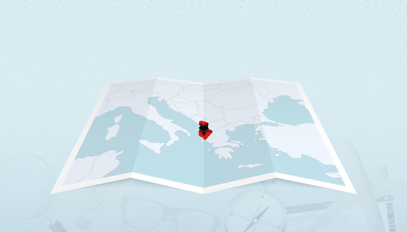 Map of Albania with the flag of Albania in the contour of the map on a trip abstract backdrop. vector