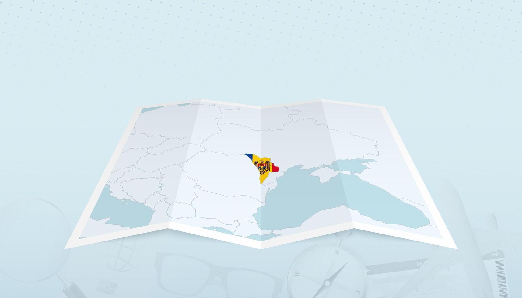 Map of Moldova with the flag of Moldova in the contour of the map on a trip abstract backdrop. vector