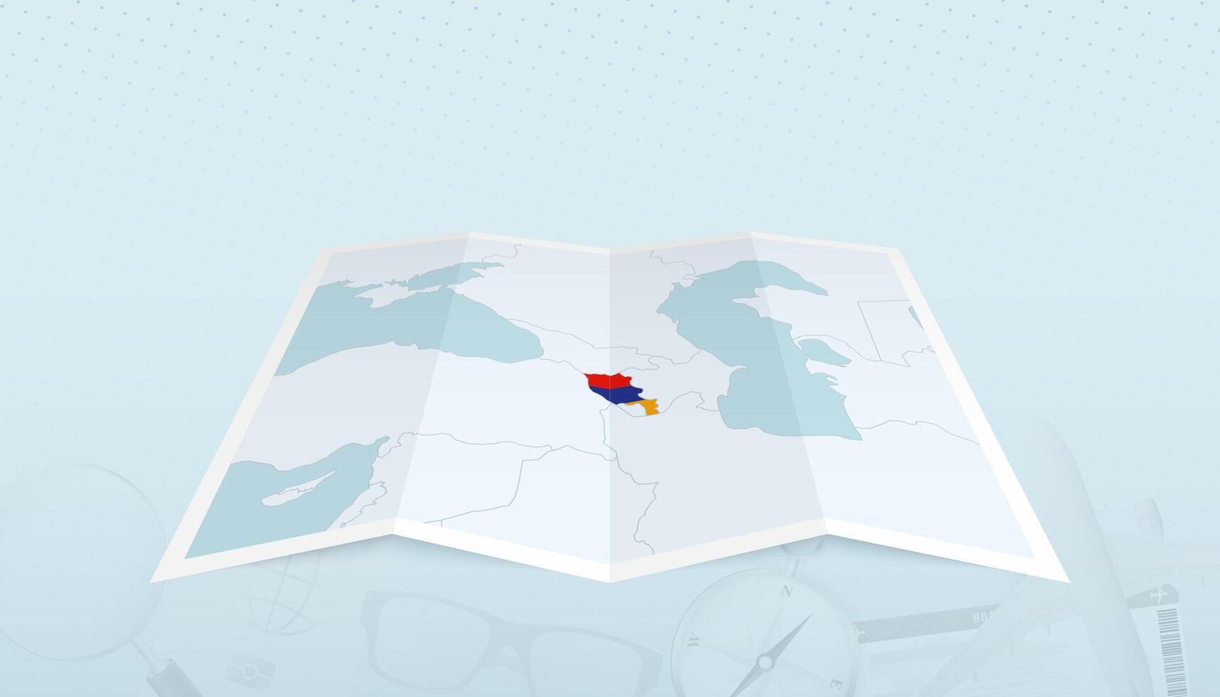 Map of Armenia with the flag of Armenia in the contour of the map on a trip abstract backdrop. vector