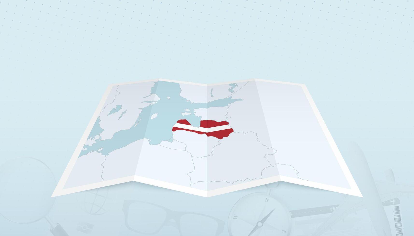 Map of Latvia with the flag of Latvia in the contour of the map on a trip abstract backdrop. vector