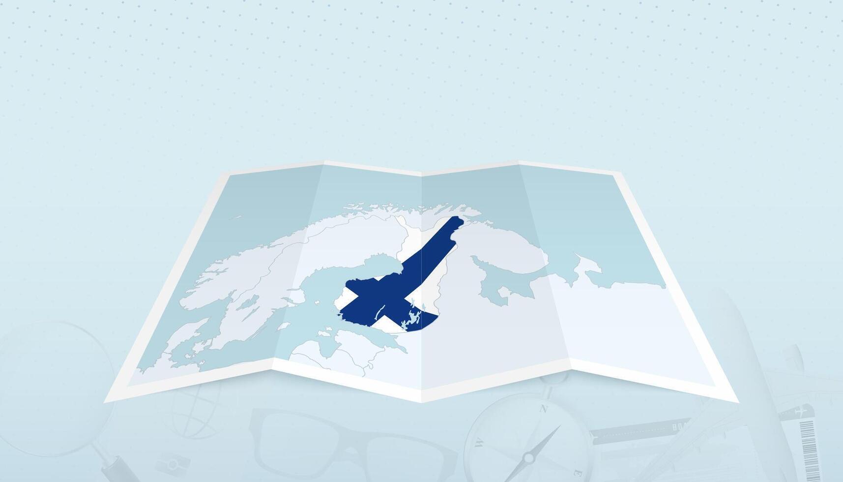 Map of Finland with the flag of Finland in the contour of the map on a trip abstract backdrop. vector