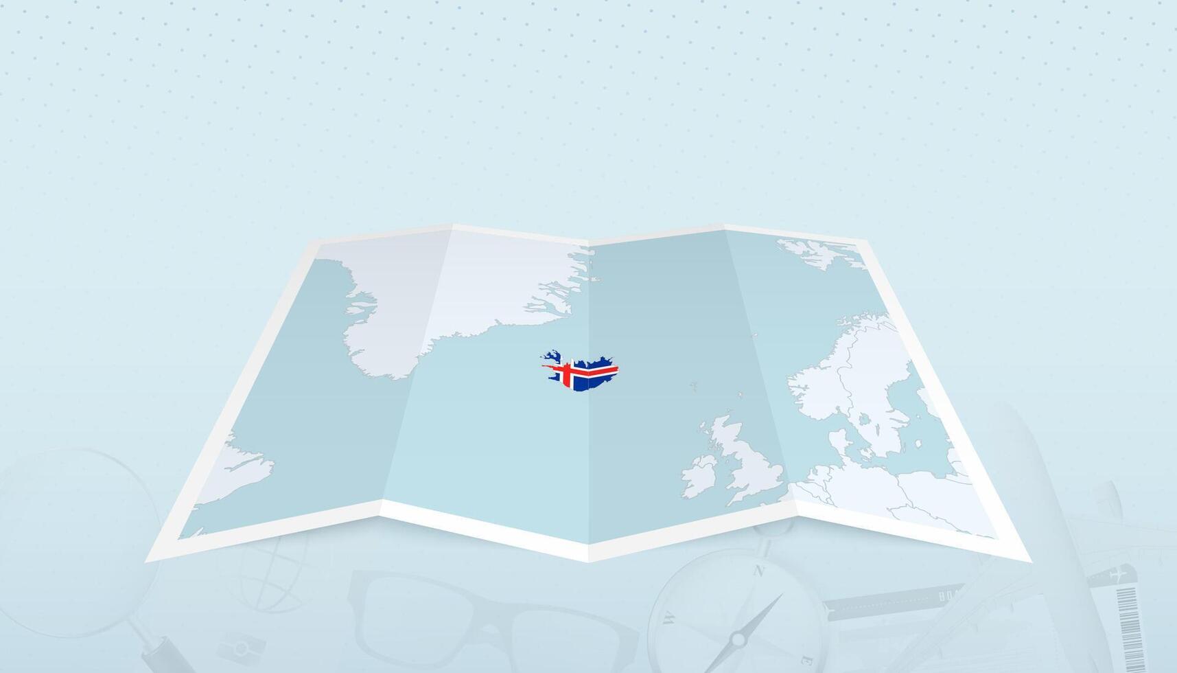 Map of Iceland with the flag of Iceland in the contour of the map on a trip abstract backdrop. vector