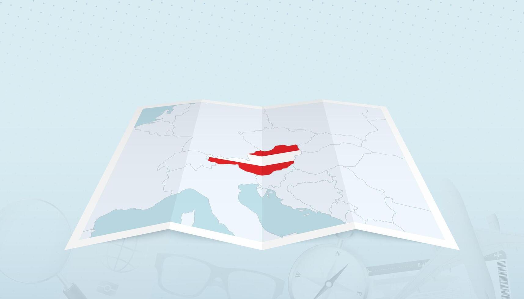 Map of Austria with the flag of Austria in the contour of the map on a trip abstract backdrop. vector