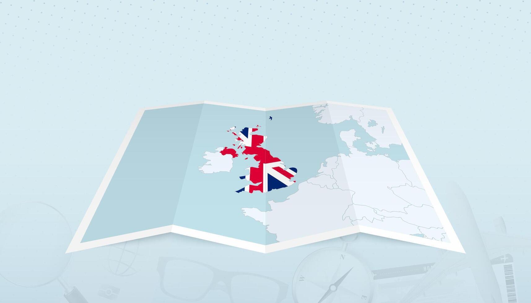 Map of United Kingdom with the flag of United Kingdom in the contour of the map on a trip abstract backdrop. vector