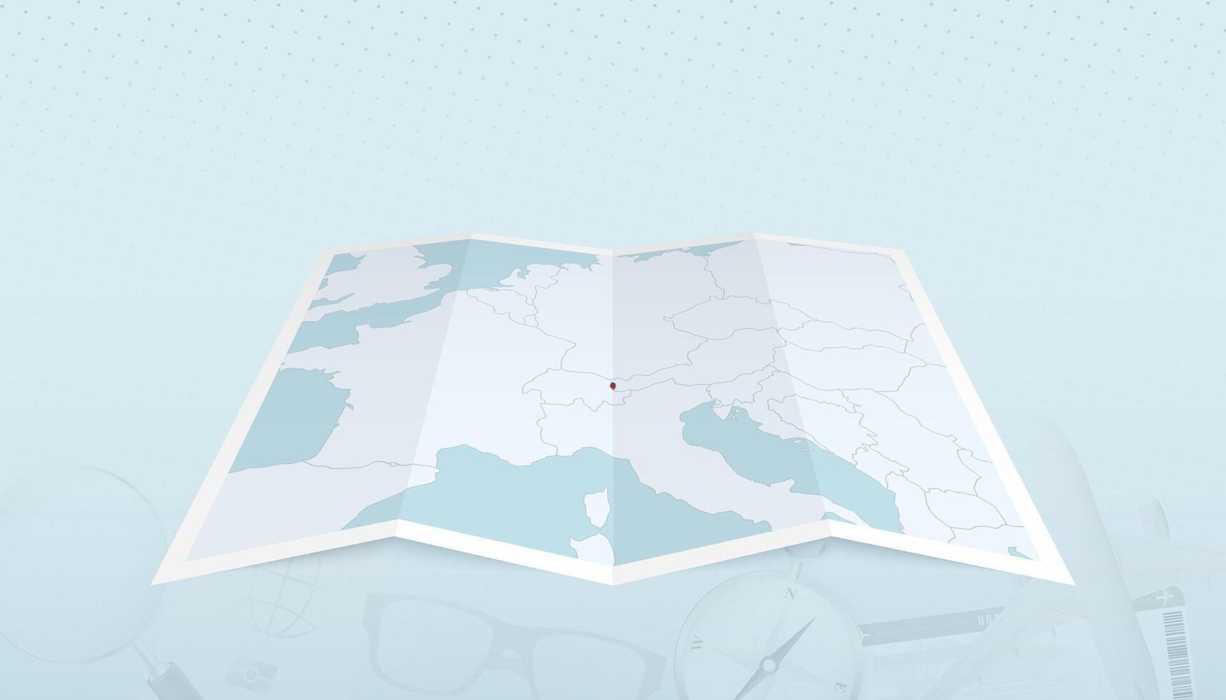 Map of Liechtenstein with the flag of Liechtenstein in the contour of the map on a trip abstract backdrop. vector