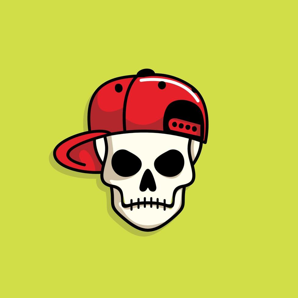Cartoon skull character in red snapback hat. Cool skull with expression angry. Sticker collection can be use as logo, symbol, icon. vector