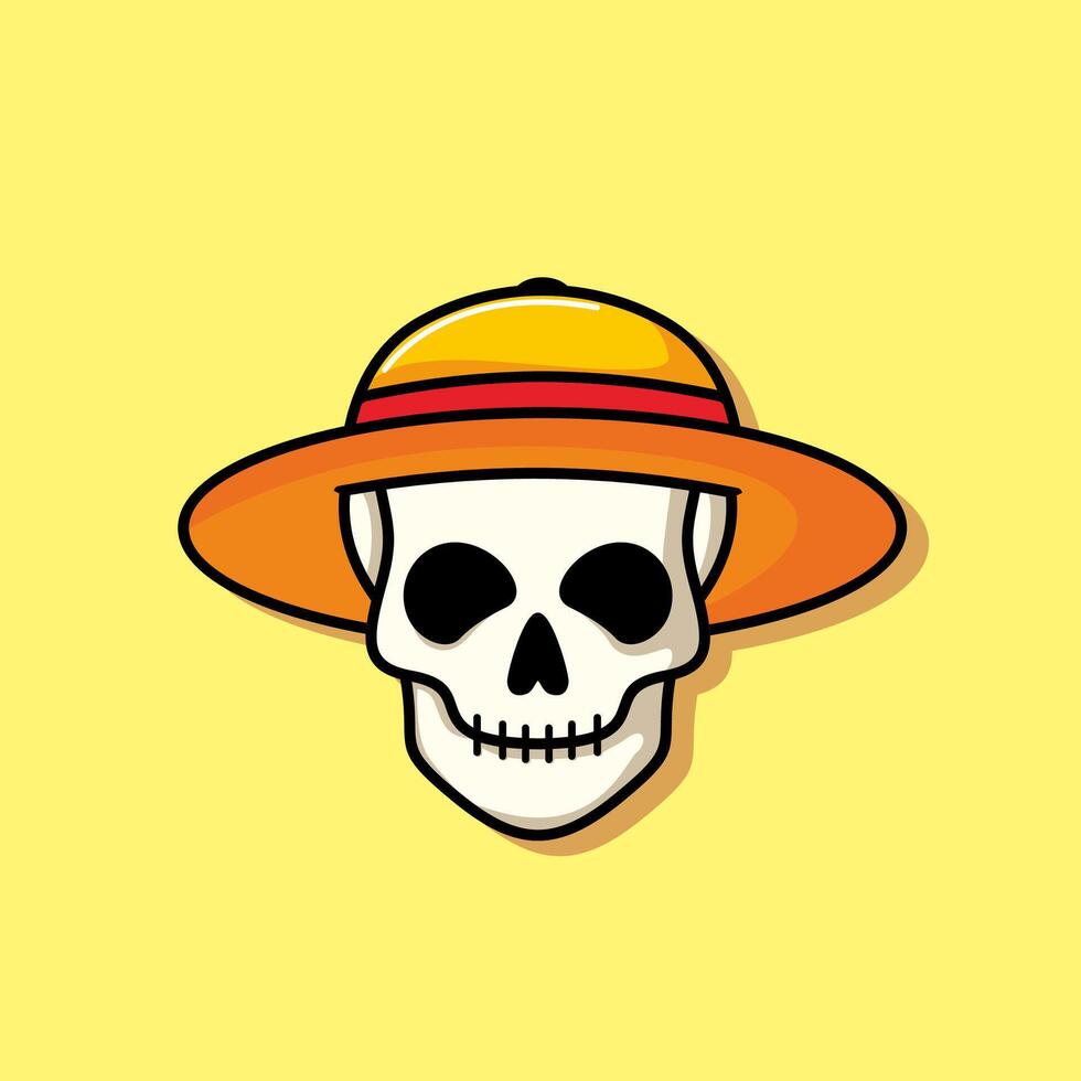 Cartoon skull character in Yellow strawhat. Cool skull with expression smile. Sticker collection can be use as logo, symbol, icon. vector