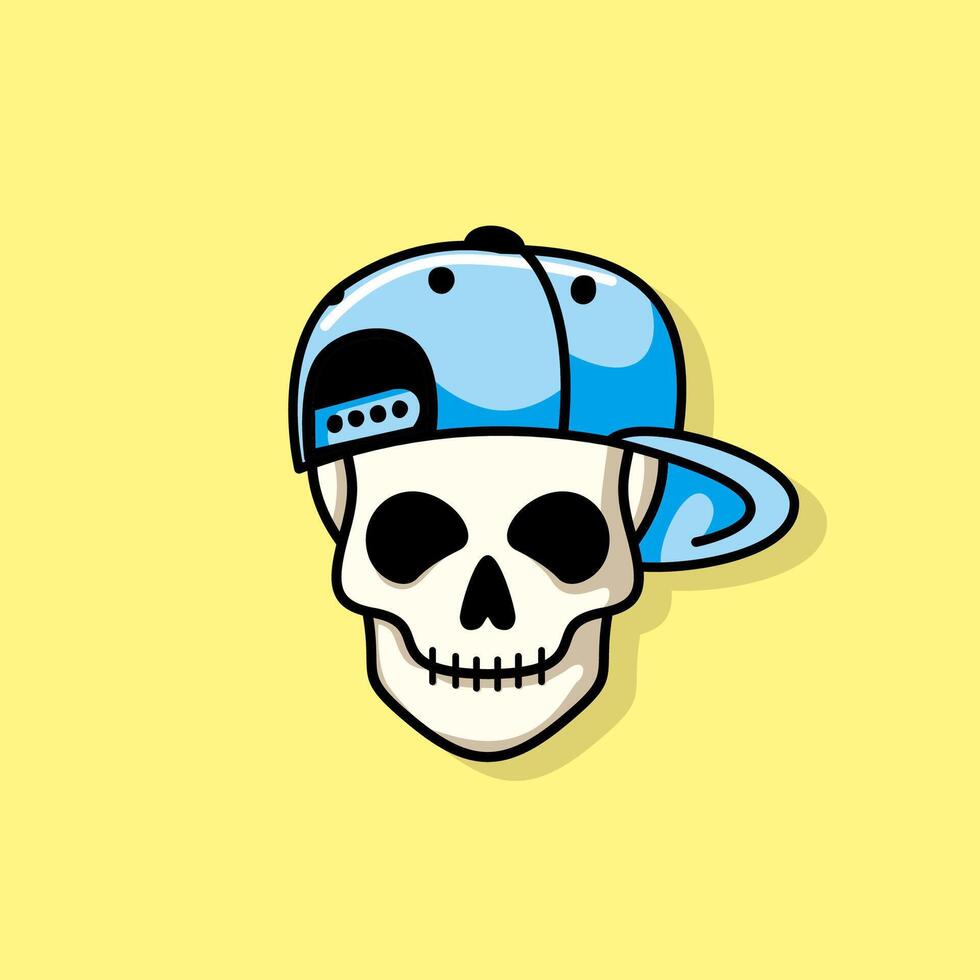 Cartoon skull character in blue snapback hat. Cool skull with expression happy. Sticker collection can be use as logo, symbol, icon. vector