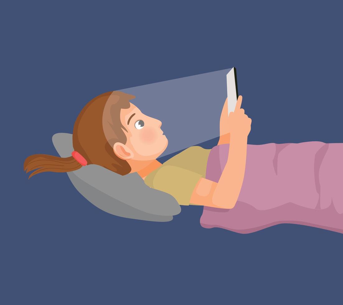 Young woman using smartphone in the dark room lying on the bed vector