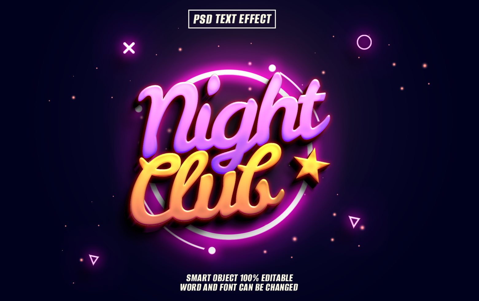 3D neon text effect Night Club with purple and yellow gradient, psd