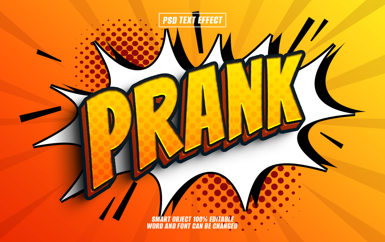 PRANK text in a comic book style with a burst effect psd