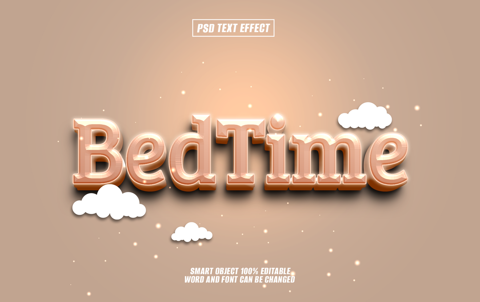 3D rose gold bedTime text effect with clouds, psd