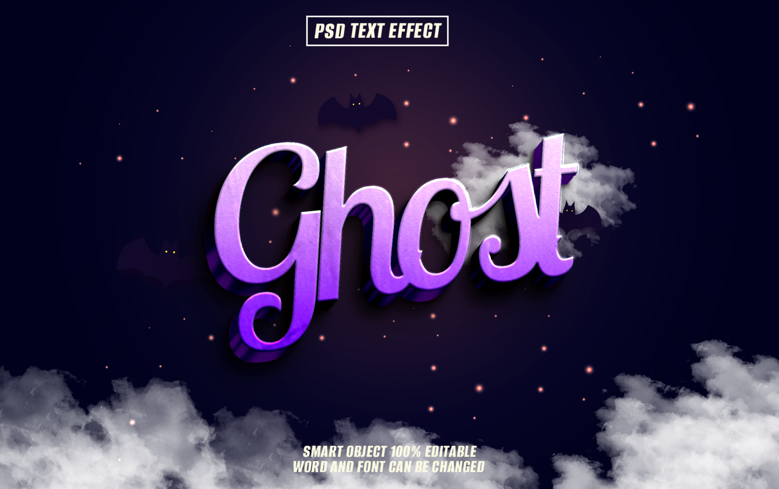 Ghost text effect with bats and clouds psd