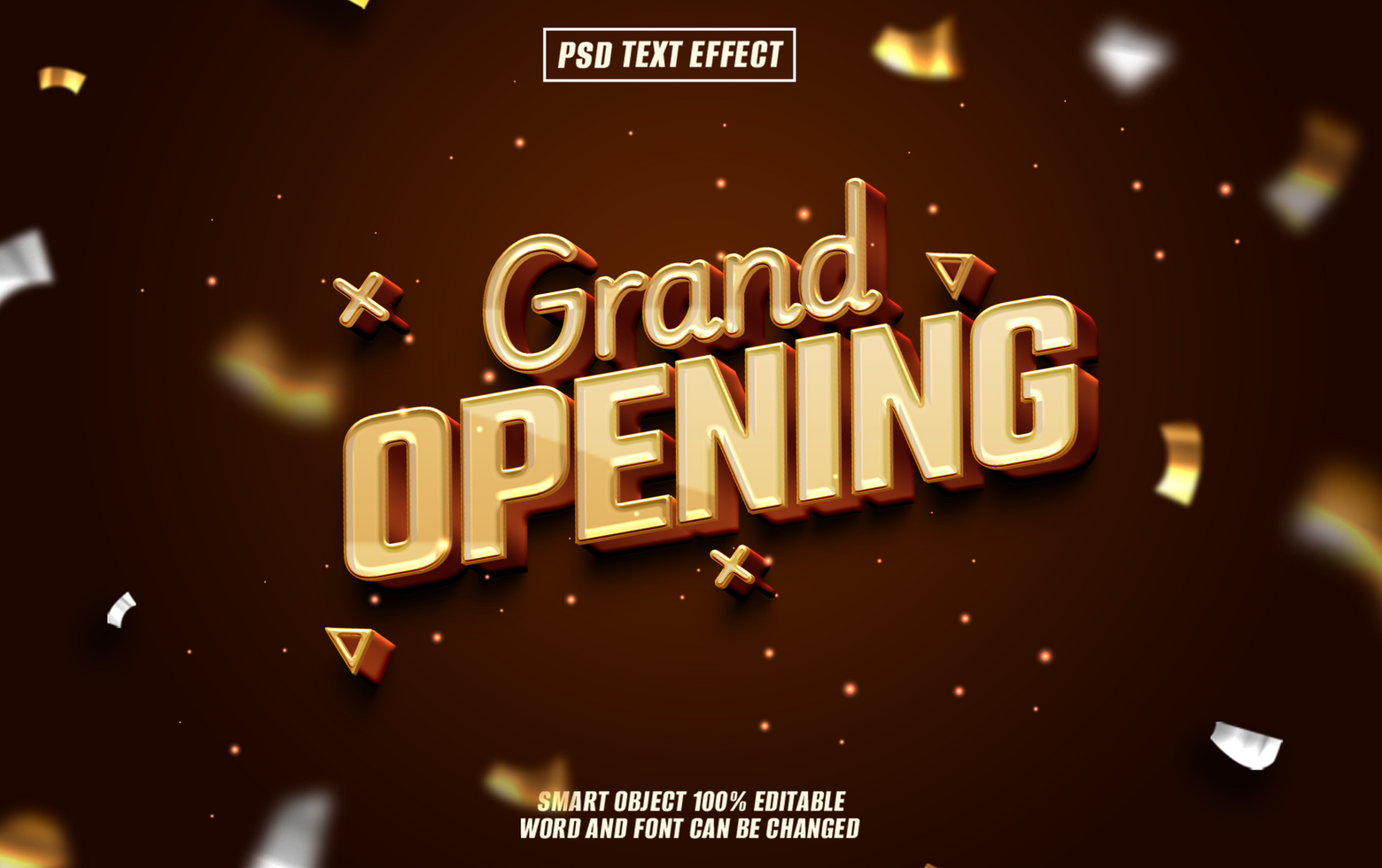 Grand Opening text effect with golden 3D lettering, psd