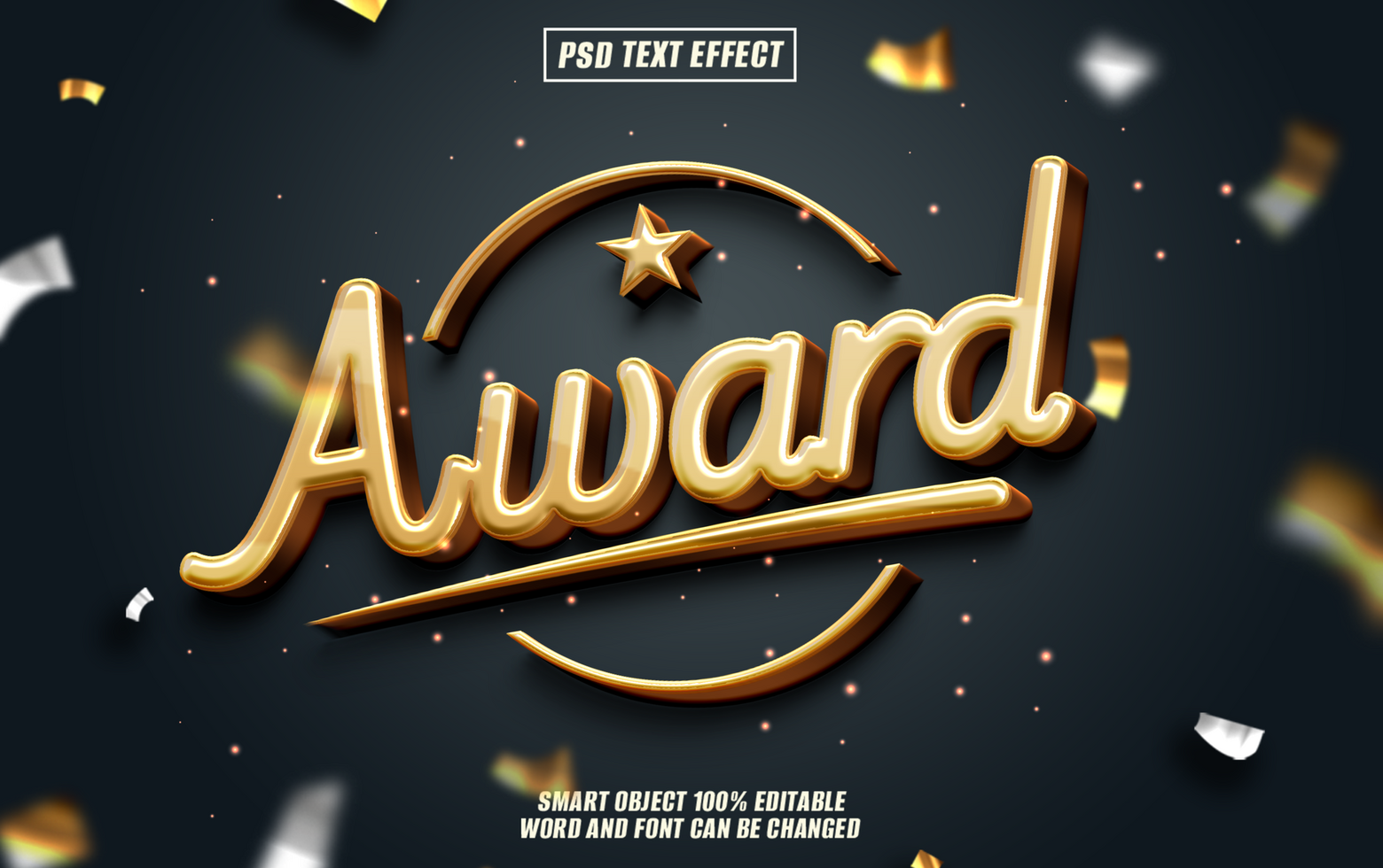 Golden 3D Award text effect with star and circle. psd