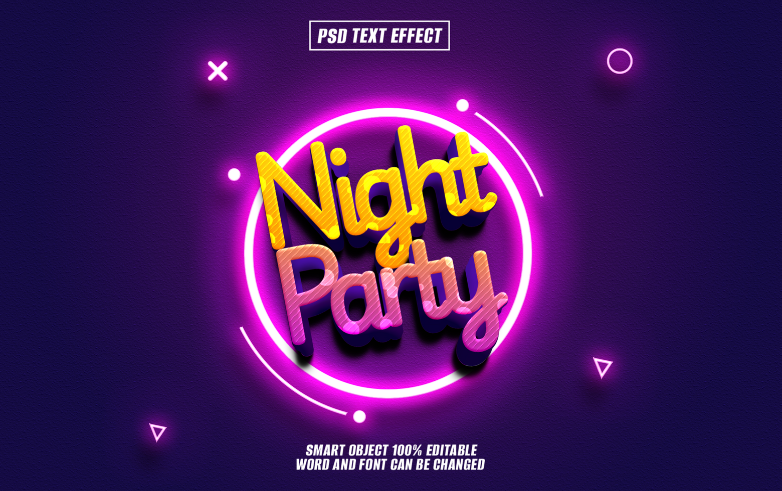 Neon Night Party text effect design with vibrant colors and glowing circle. psd