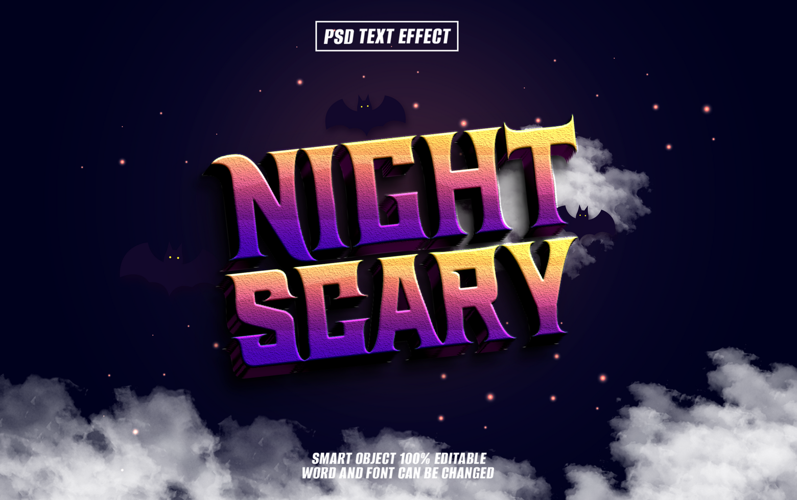 3D text effect Night Scary with purple, orange gradient, color psd
