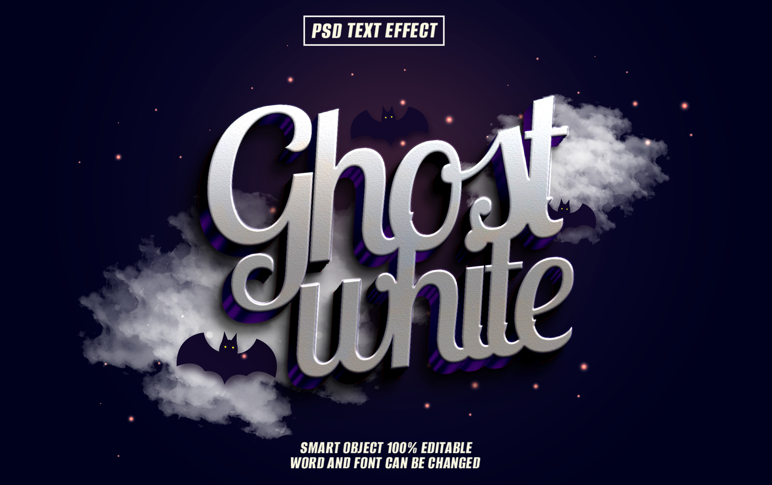 3D metallic text effect Ghost White with clouds psd