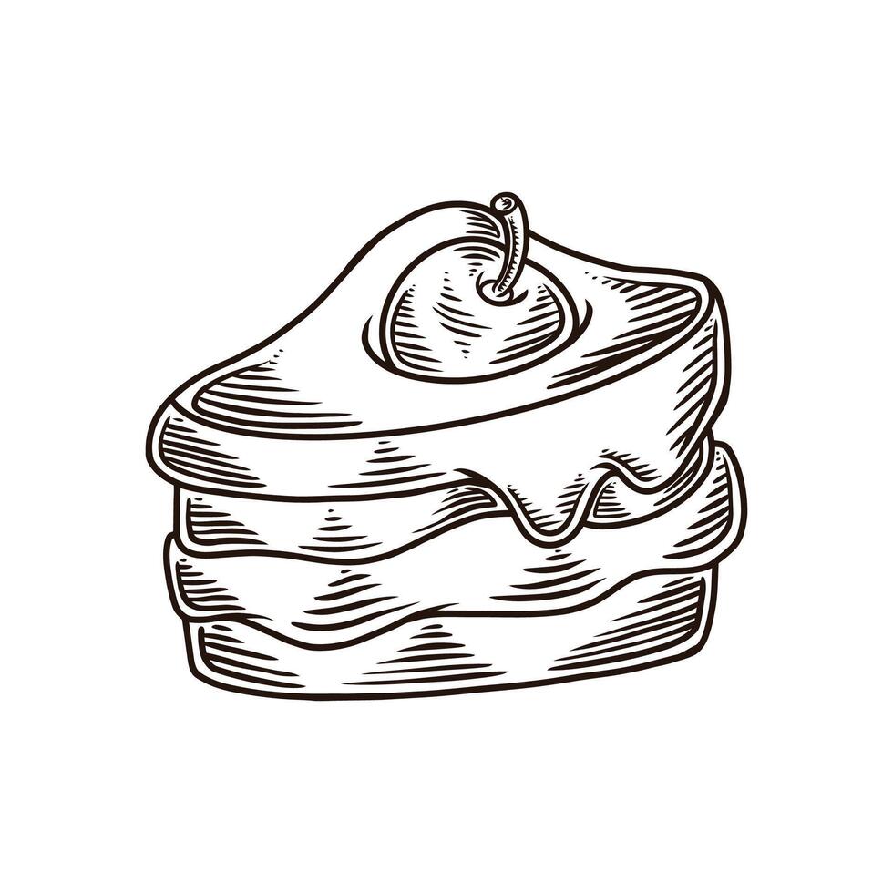 Illustration line art of a slice of cherry sandwich cake with delicious cream, pastel colors vector
