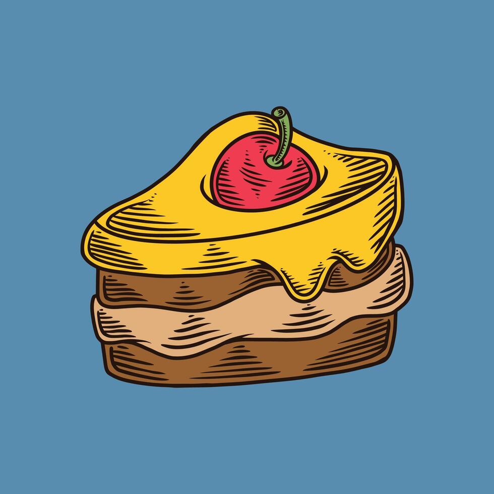 Illustration of a slice of cherry sandwich cake with delicious cream, pastel colors vector