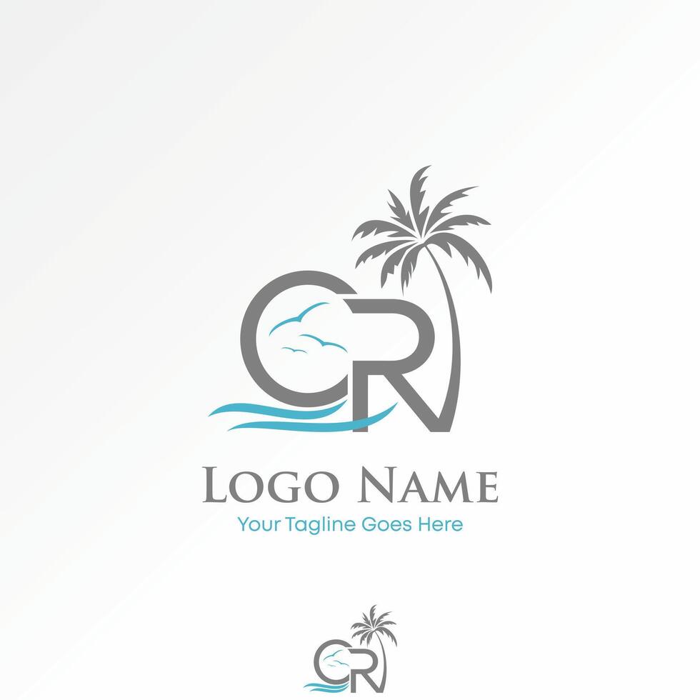 design graphic concept creative premium stock image graphic initial CR font palm birds wave sunset island travel tourism exotic paradise vector