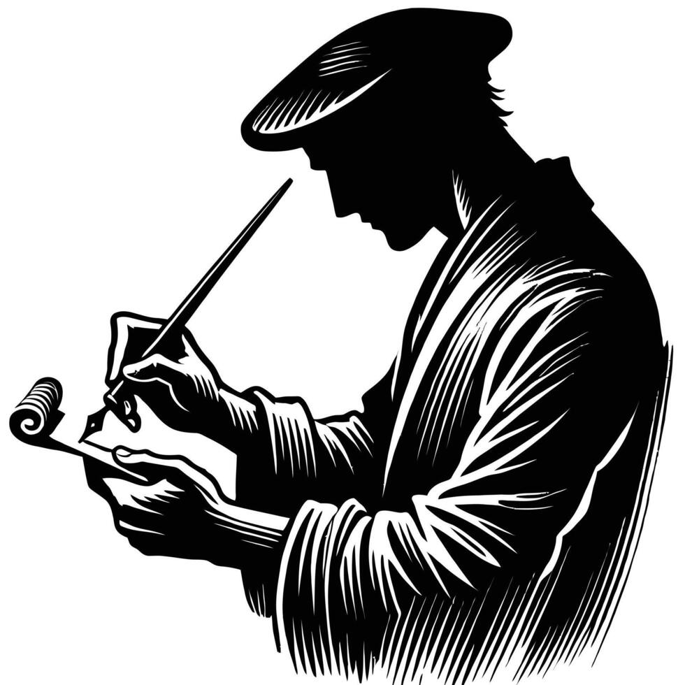 A man in a hat and coat writing with a pen vector