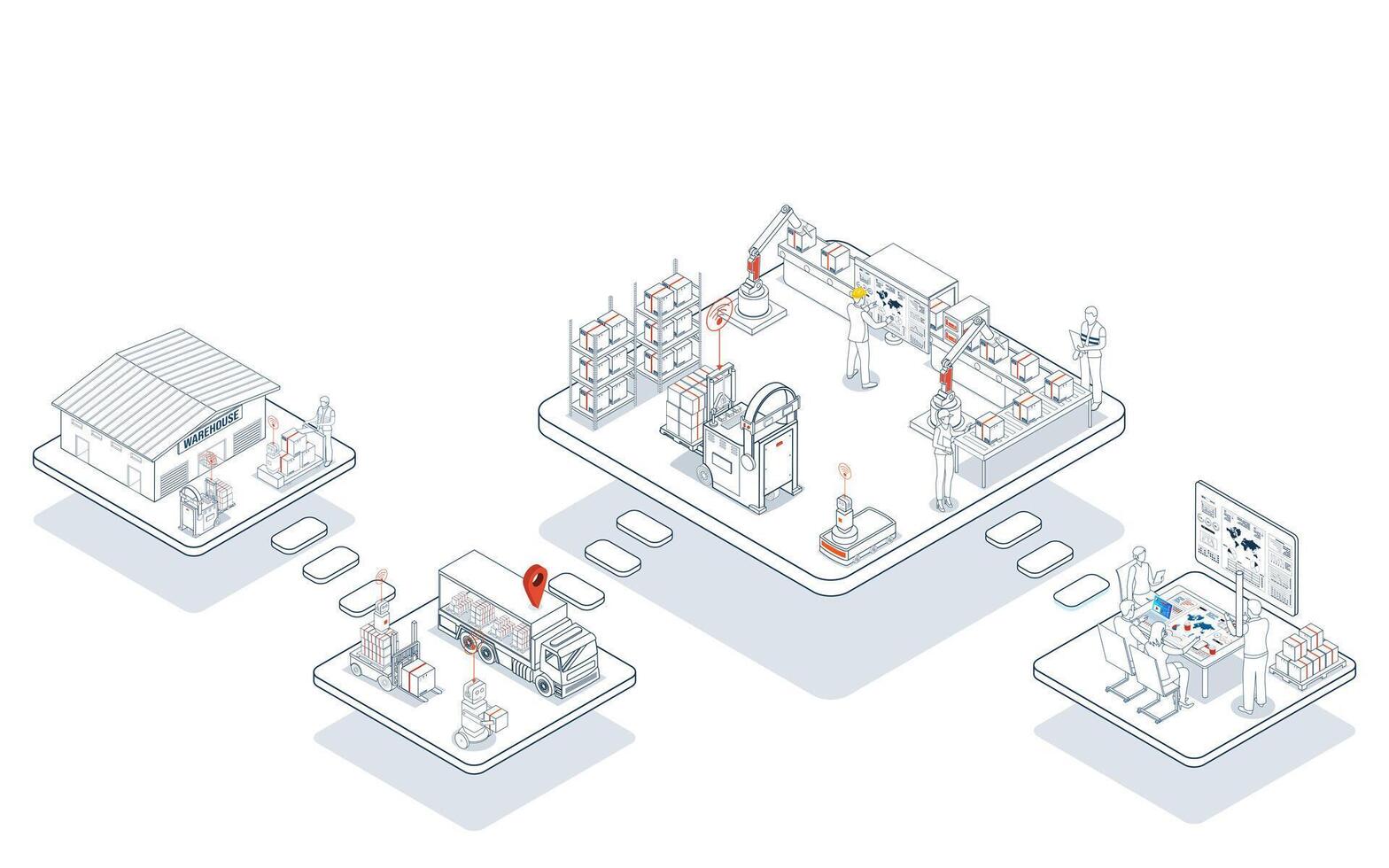 3D isometric Logistics warehouse operations blend manual and automated systems using forklifts, trucks, and AGVs for efficient material handling. vector