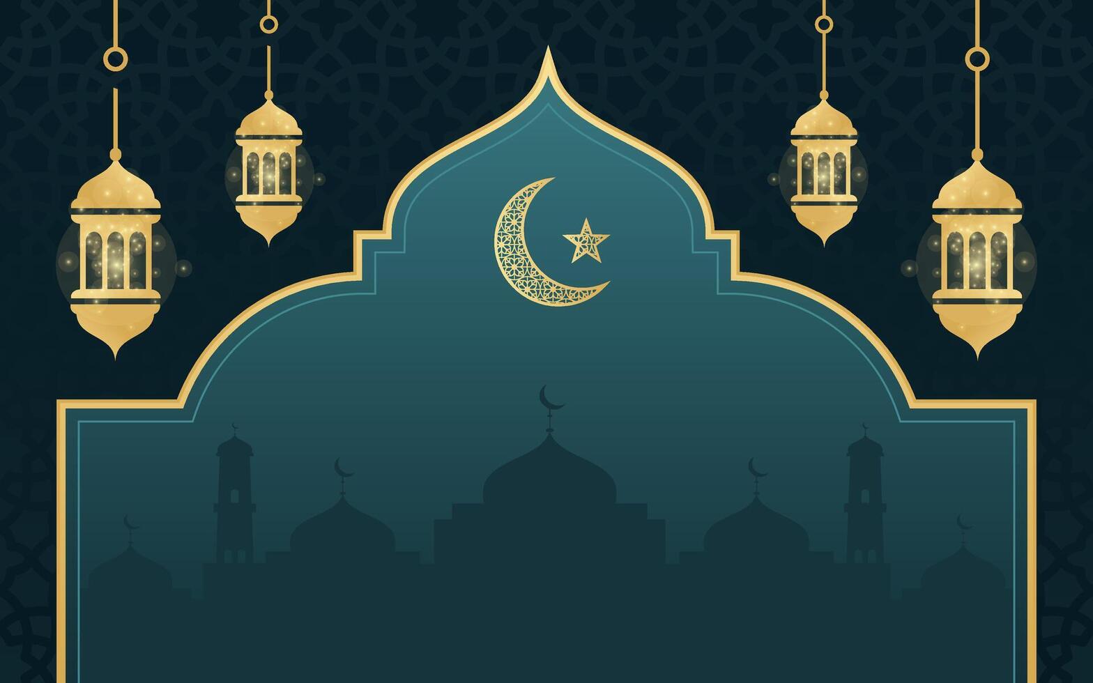 Elegant Islamic Ramadan Background with Siluet Mosque, Crescent Moon and Lanterns vector