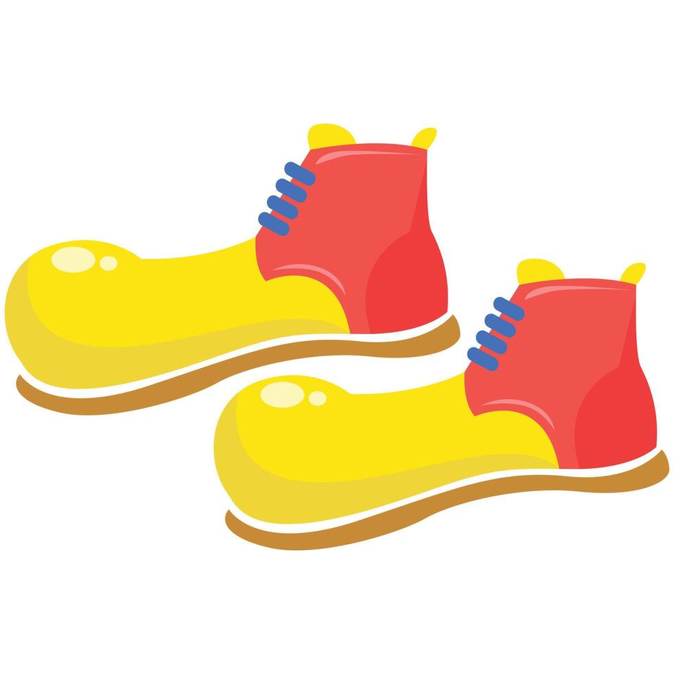 Oversized yellow red clown shoes with blue laces for playful, circusthemed designs, childrens party invitations, or comedic illustrations. vector