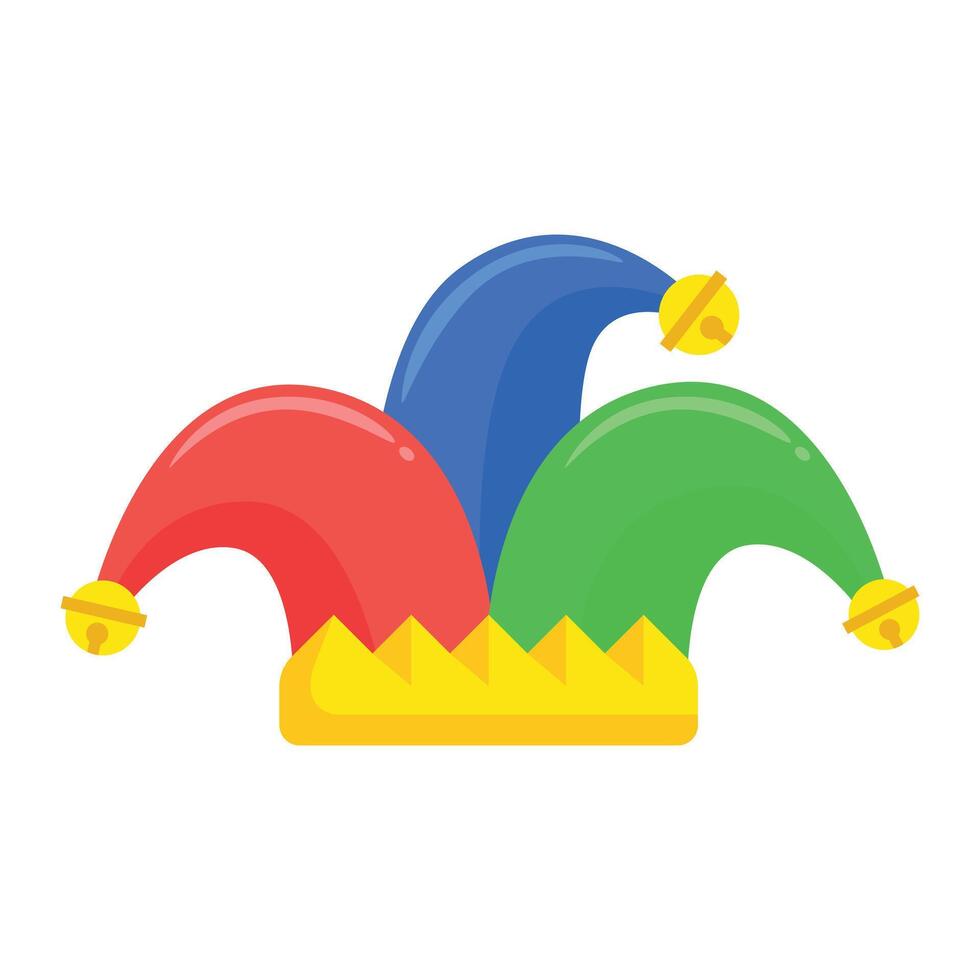 Threepointed jester hat with colorful bells on a multicolored base. Ideal for fun party invitations and festive event decorations. vector
