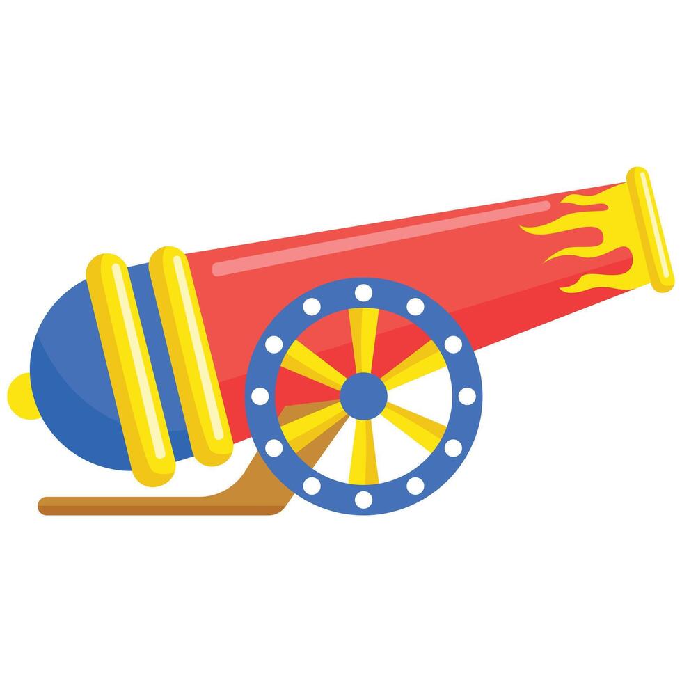 Red cannon with blue and yellow details and one wheel. Ideal for historical or military themed designs and projects. vector