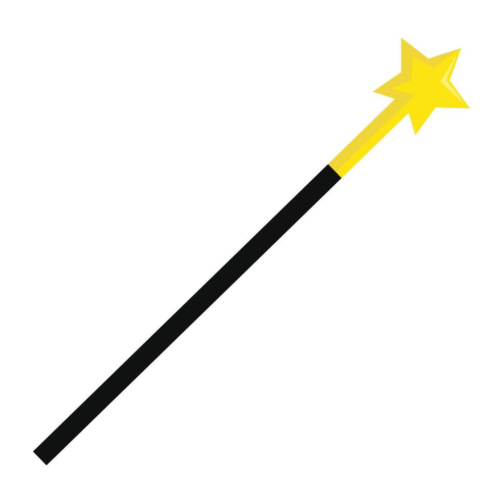 Black wand with yellow star tip, magical prop for wizard, witch or magician costume accessories in fantasy themed designs. vector