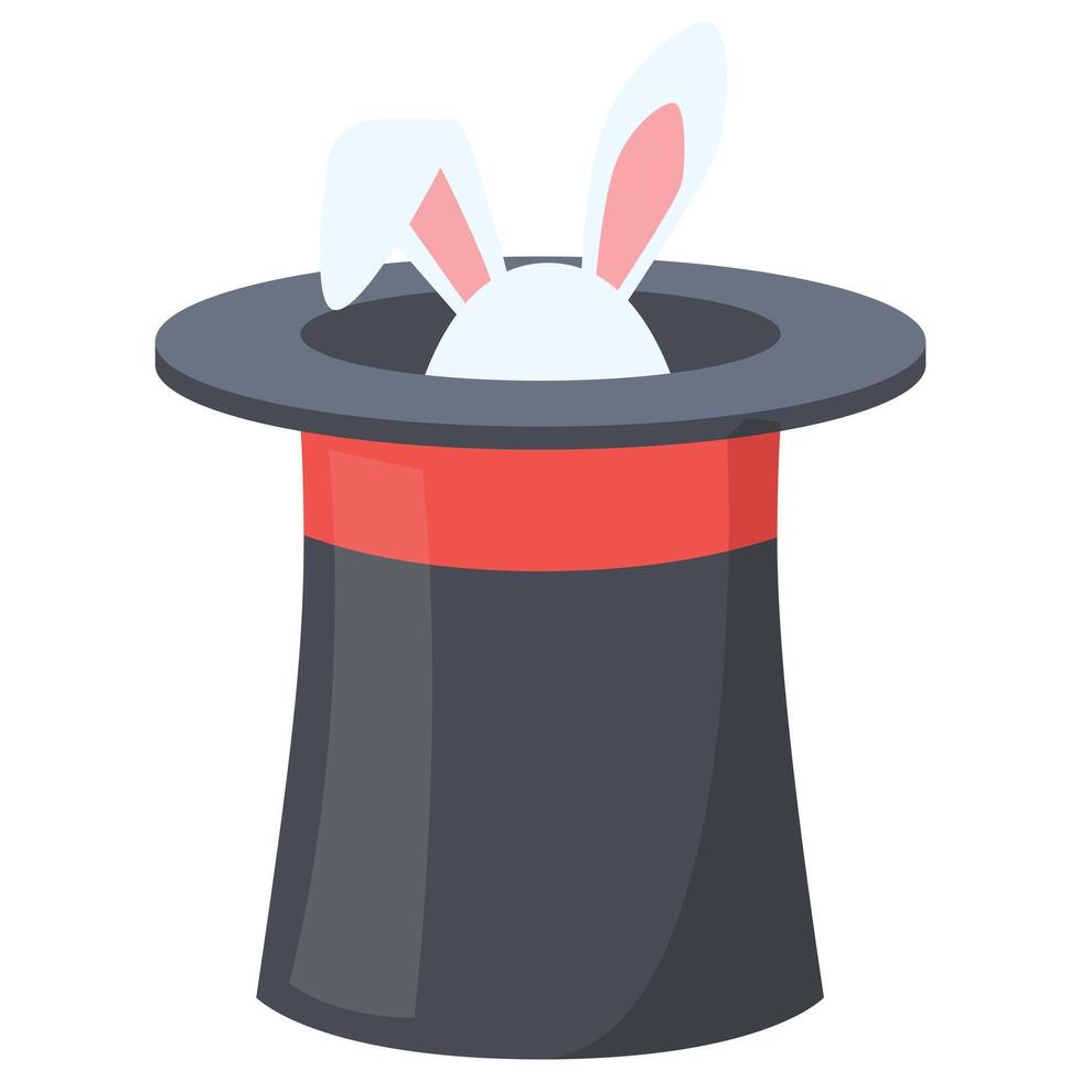 Rabbit ears peek from black top hat with red band. Ideal for magic show promotions, Easterthemed designs, or whimsical illustrations. vector