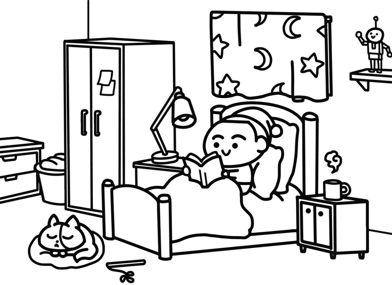 Kid reading a book on the bed vector
