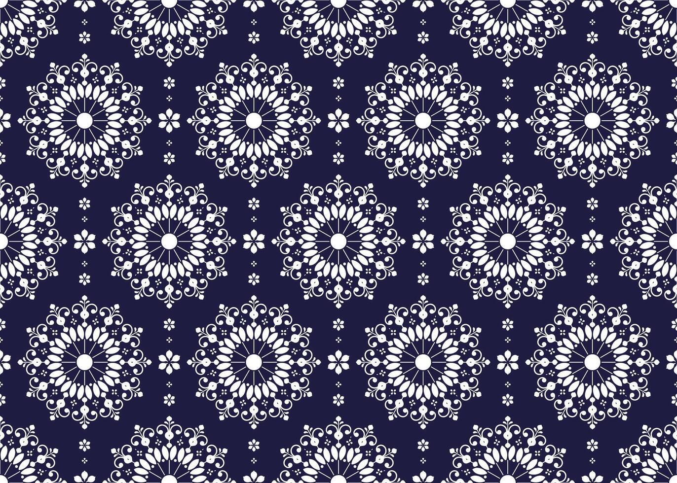 White mandalas on dark blue background, ethnic fabric seamless pattern, design for cloth, carpet, batik, wallpaper, wrapping etc. vector