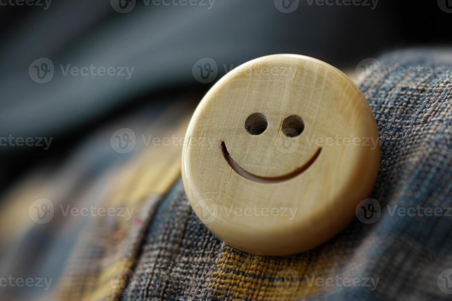 Wooden smiley button expressing happiness on fabric photo