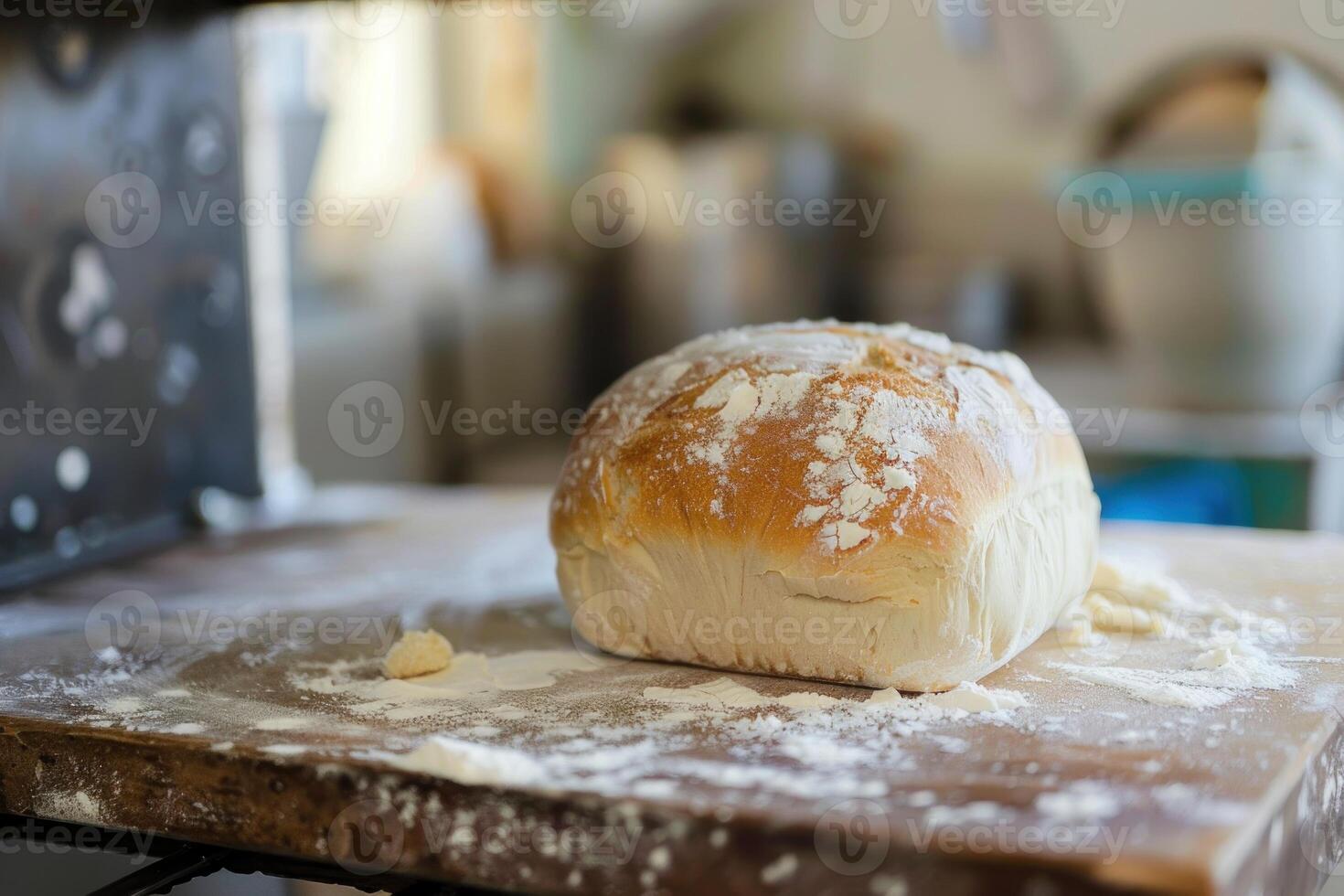 Freshly baked loaf of bread cooling on wooden table in bakery photo