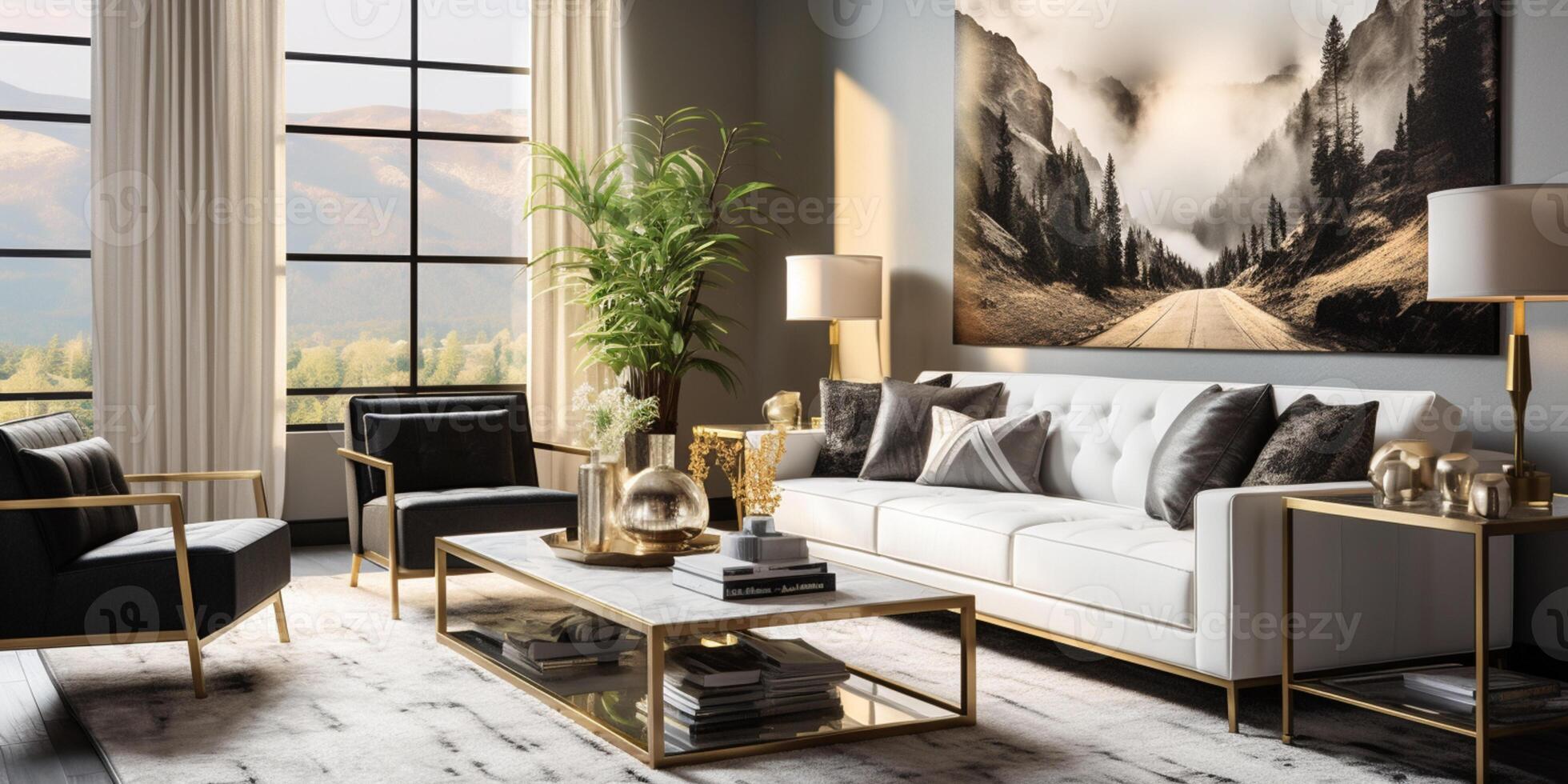 Luxurious furnished Living room, spacious cozy sofa, black and white monochrome palette, elegant interior design, AI Generative photo