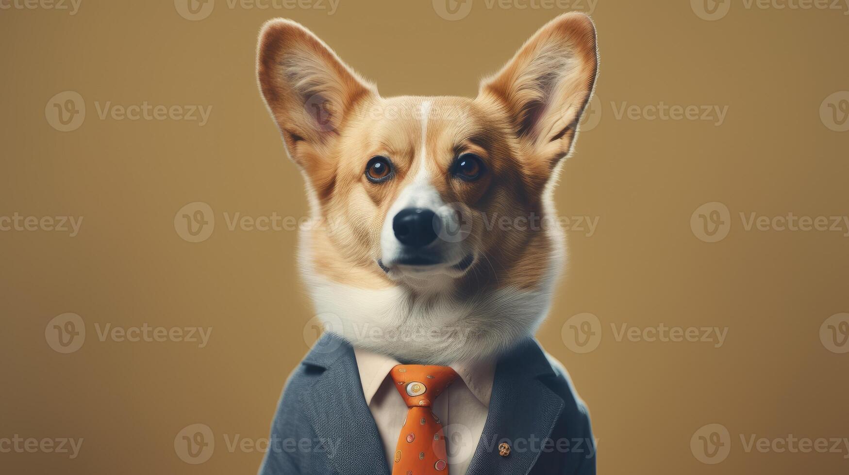 A corgi in a business suit stands on a beige background AI Generated. photo