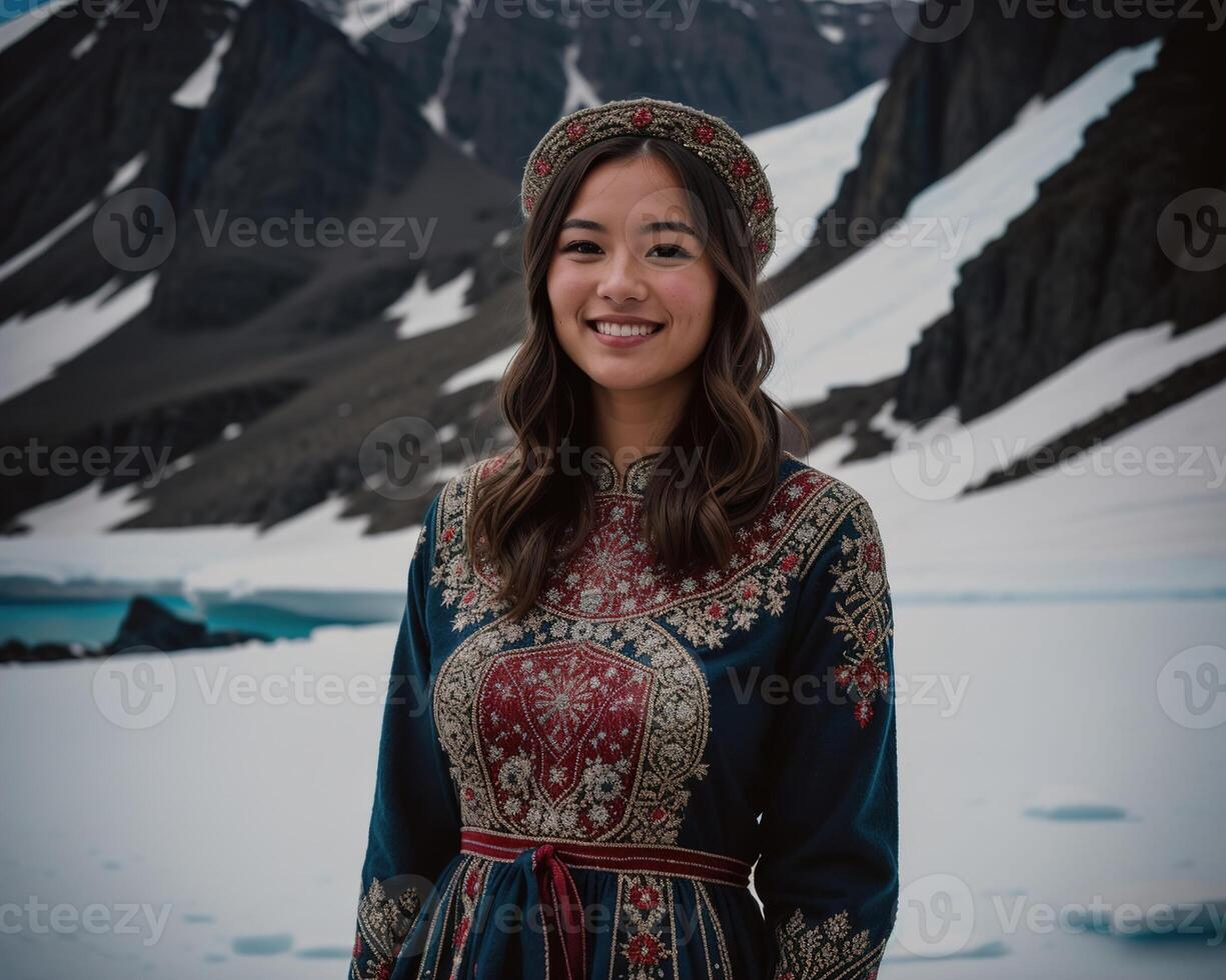 AI generated Portrait of a young woman smiling at camera in front of icebergs. ai generative photo