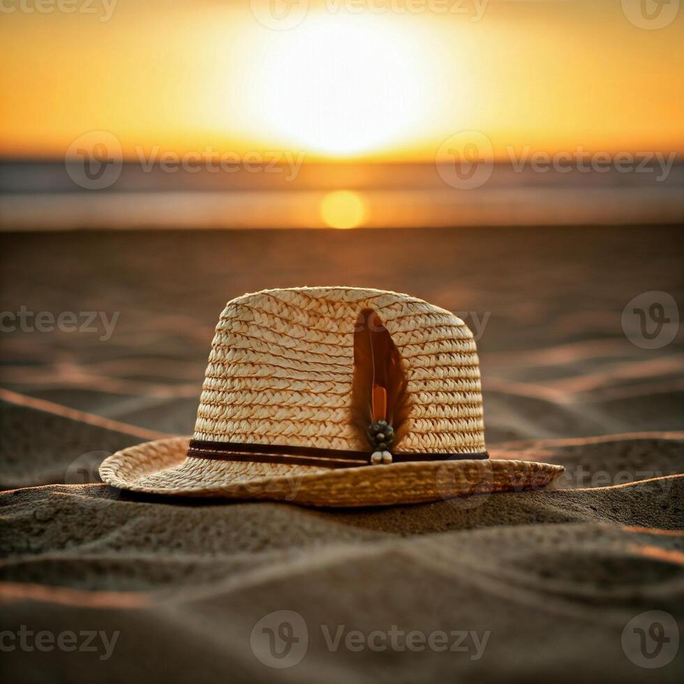 A hat sits on the sand at sunset photo