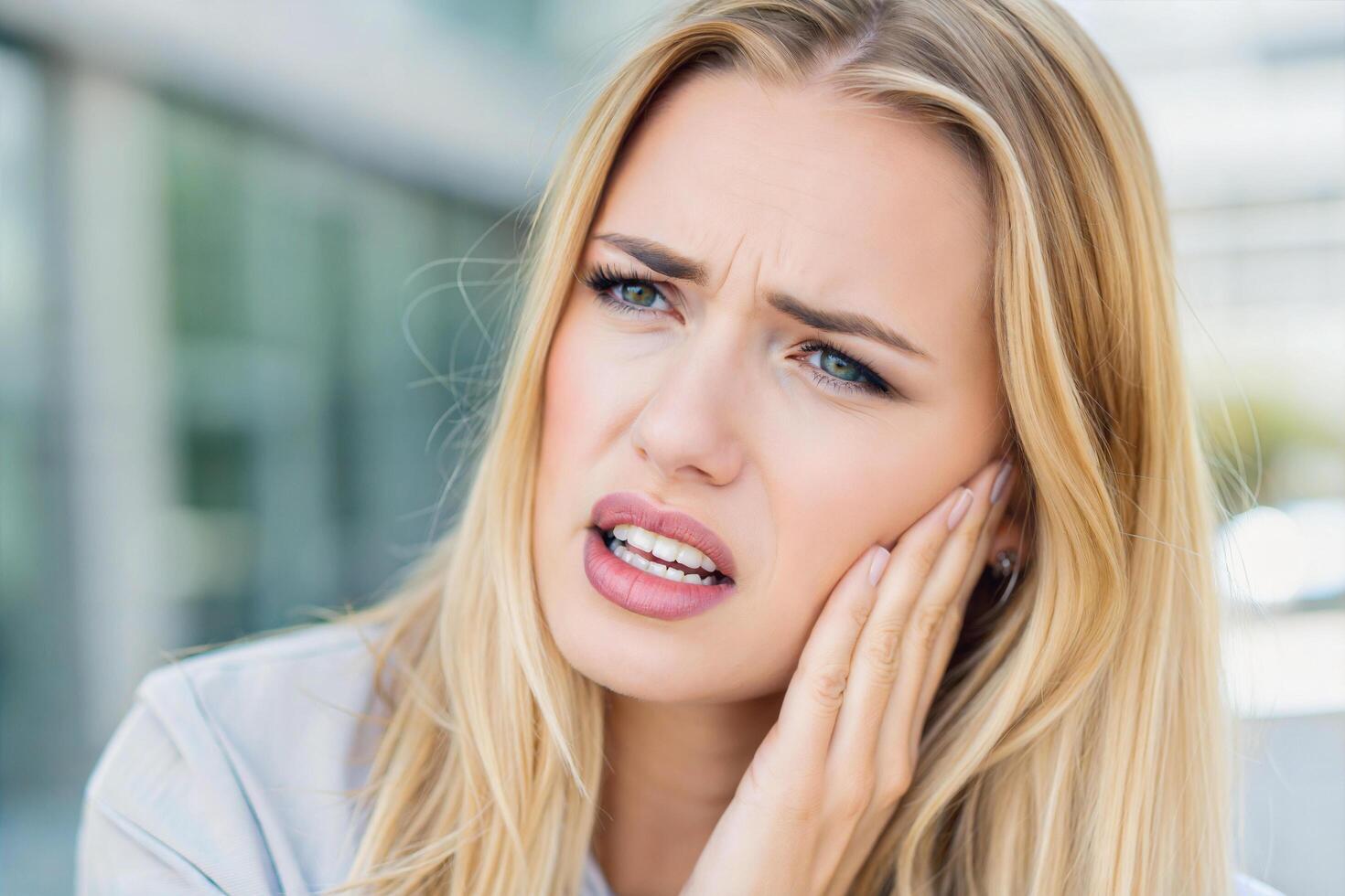 Portrait of young woman having a bad toothache, sore tooth, holding her face, painful expression, people at dentist photo