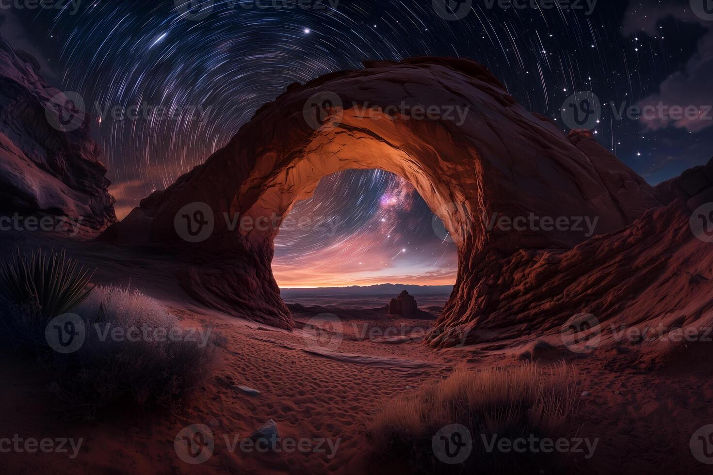 Ethereal Desert Rock Arch Under Perseid Meteor Shower photo