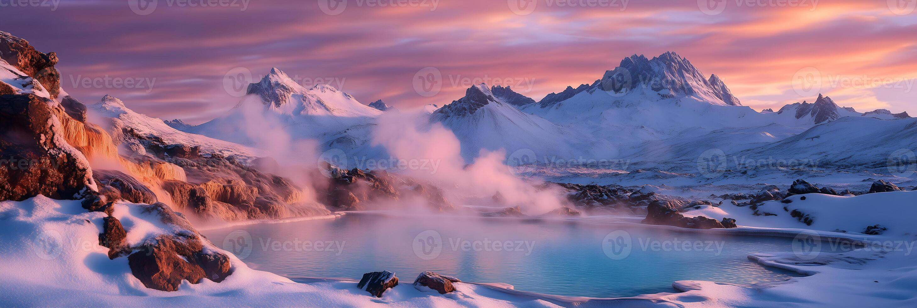 Geothermal Springs in Snowy Mountains at Dawn photo