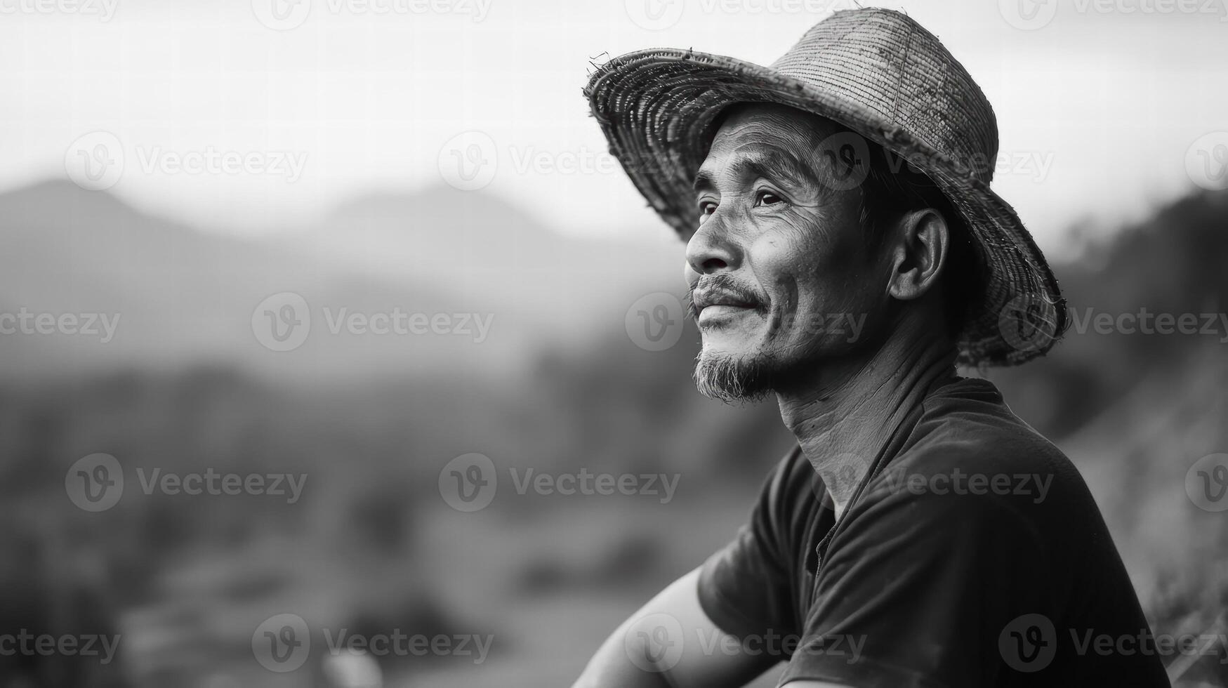 thoughtful farmer wearing straw hat in nature photo