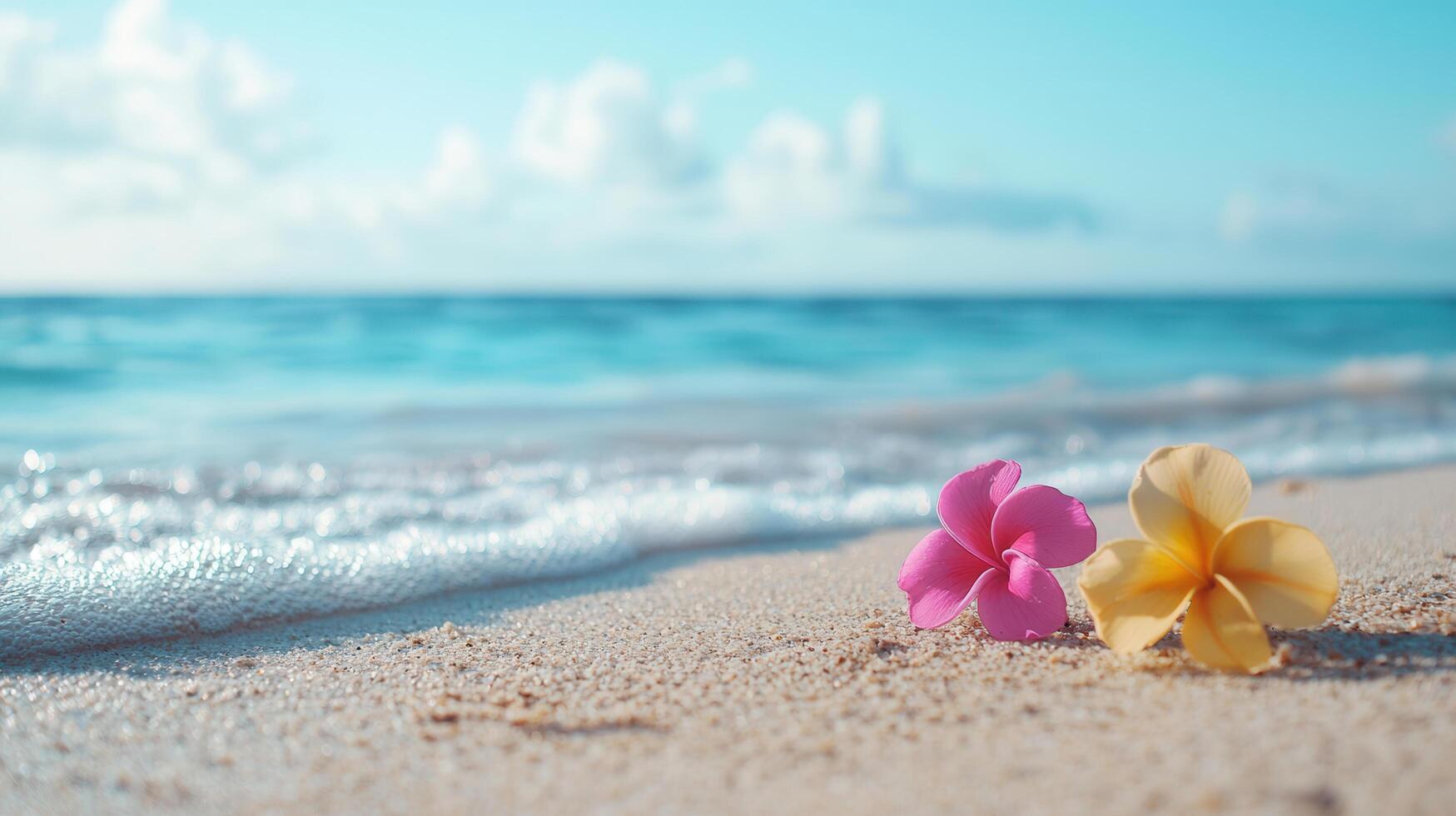 Vibrant flowers on sandy beach with ocean waves and blue sky photo