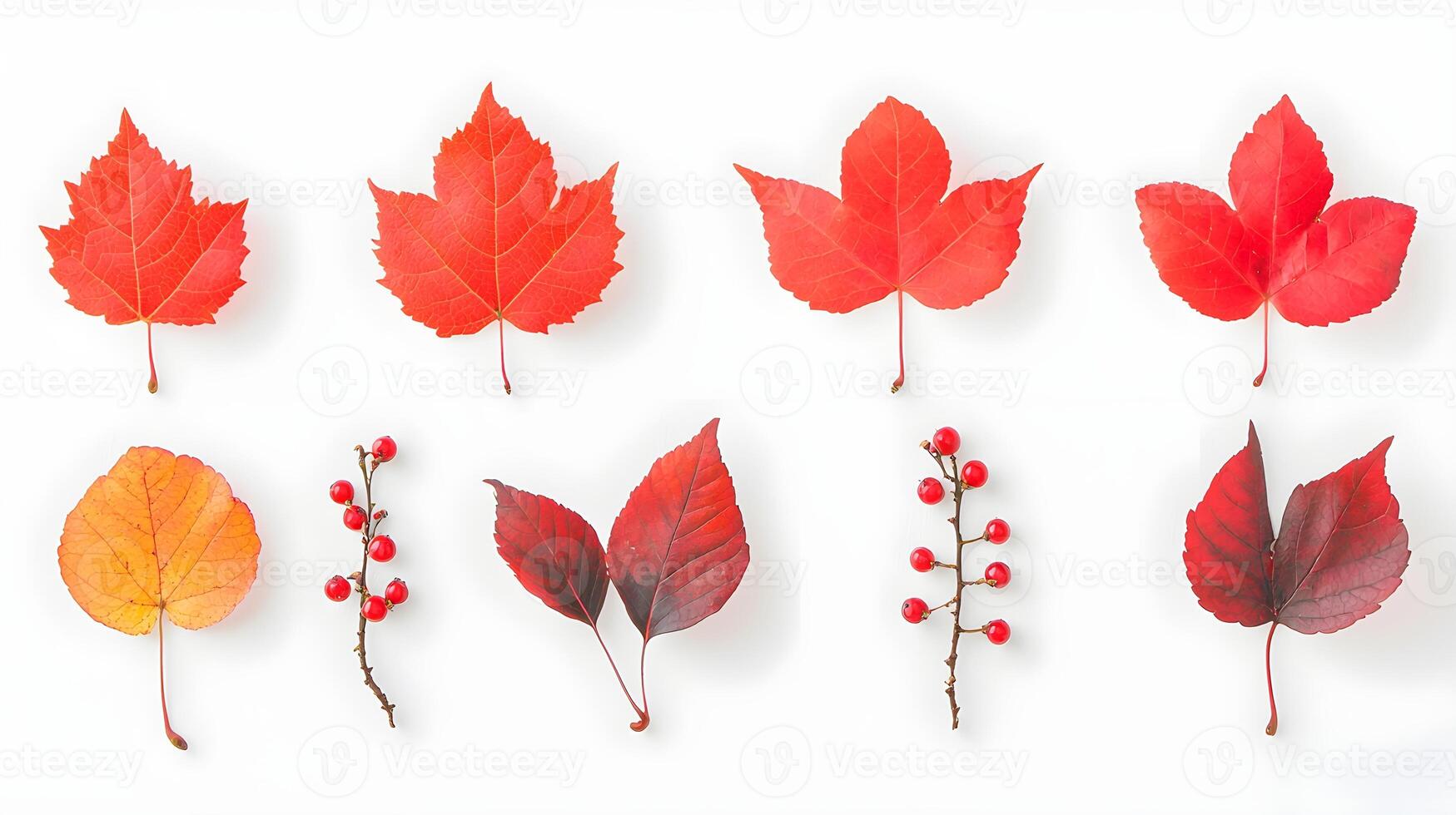 Vibrant Red Leaves and Berries on White Background for Autumn Decor photo
